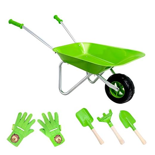 Hortem Durable Kids Wheelbarrow Set, Green Metal Wheel Barrel for Kids and Easy to Assemble, Garden Toy Tools for Gifts