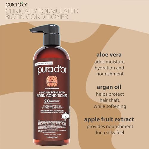 PURA D'OR 16 Oz Clinically Formulated Biotin Conditioner - Daily Hair Care Routine For Thinning Hair - 2X Concentrated Herbal Blend Hair Thickening Products For Women & Men