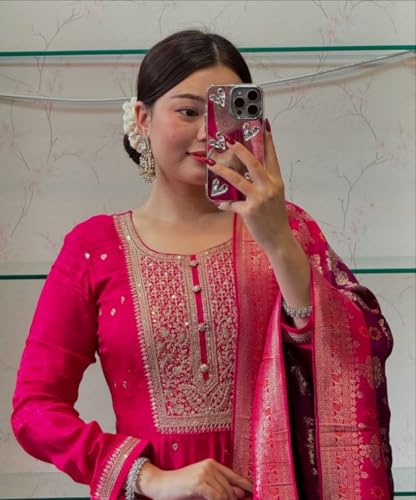 Image of by Pink Anarkali Flared Kurti Pant Dupatta Suit Set.