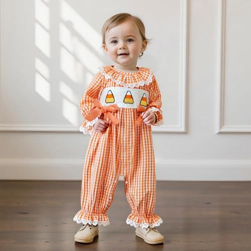 Baby Girl Halloween Outfits Plaid Lace Trim Candy Corn Embroideried Romper Long Sleeve Jumpsuit Fall Clothes3