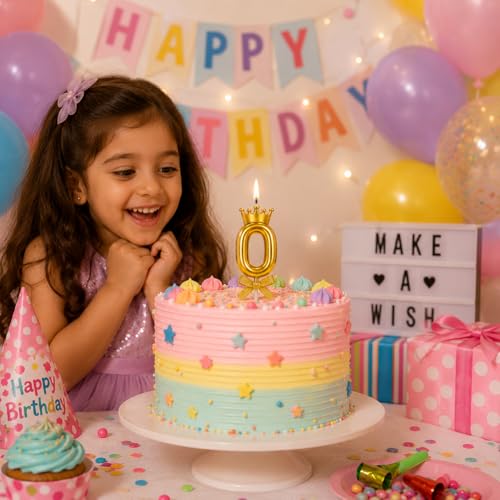Image of Number 0 Birthday Candle with Crown | Metallic Cake Topper Candle for Birthday, Anniversary, Golden Jubilee & Celebration Cakes | Party Decoration Candles, Gold,1 pc