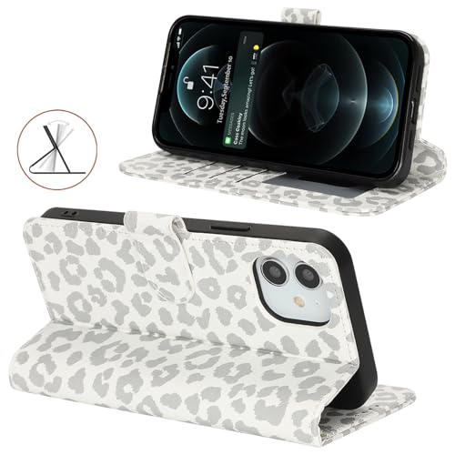 Image of for iPhone 12 Case Wallet with Card Holder,for iPhone 12 Pro Wallet Case for Women Men,PU Leather Shockproof Magnetic Buckle Stand Flip Phone Case-White Leopard
