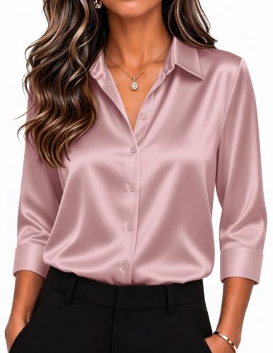 Image of Zeagoo Womens Satin Blouses Button Down Shirts 3 /4 Sleeve Dressy Tops S-2XL