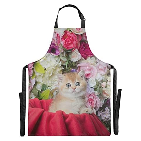 Adorable Cat On Flowers Chef Kitchen Aprons For Men Adjustable 88x68cm Artist Apron Waterdrop Stylist Apron For Men Women Cover