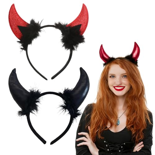 YIPFEN Lot de 2 Serre-têtes Cornes de Diable, Accessoires de Diable pour Femmes et Enfants pour Déguisements de Carnaval et Halloween (Rouge)