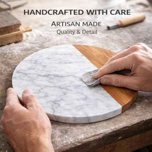 Image of White Round Marble Serving Board | Acacia Wooden, For Charcuterie, Cheese, Meats, Fruit, Crackers, Cheese Board, Cutting Board