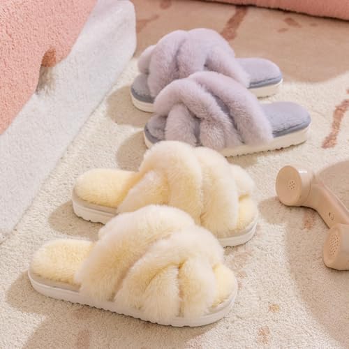 Fuzzy House Slippers for Women Memory Foam Cross-strap Slip On Open Toe Furry Fur Bedroom Indoor Oudoor Slides Slipper Shoes4