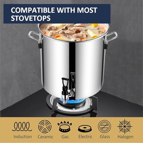 Handelsüblicher robuster Edelstahl-Brühkessel mit Zapfhahn, perfekt zum Bierbrauen, Konserven, Kochen im Freien, dicker Suppentopf mit Deckel und Wasserhahn