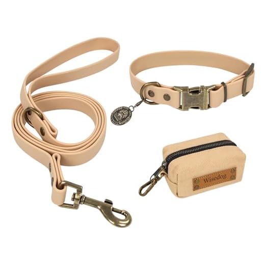 Wisedog Dog Collar and Leash Set Combo: Adjustable Durable Pet Collars with Dog Leashes for Small Medium Large Dogs,Includes One Bonus of Poop Bag Holder (M, Sand Color)