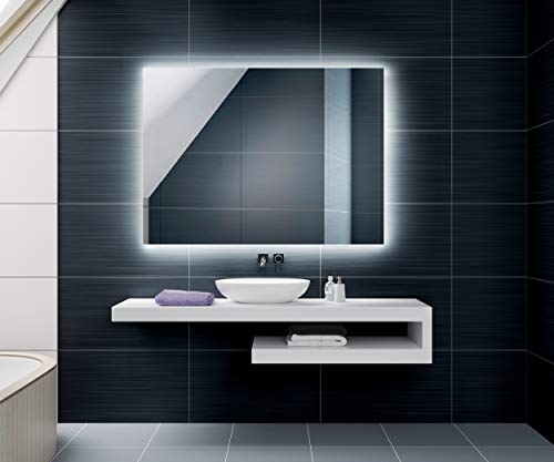 FORAM Modern Bathroom Mirror with LED light and Additional Features - Selection of Switches/Demister Heat Pad/Bluetooth Speaker - Wall Mounted Illuminated Mirror - Lighting Warm/Cold White L58