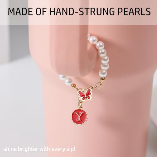 Image of Accessories for Stanley Cup Pearl Chain Initial Accessoriess for Handle Stuff Decor Water Bottle Jewelry Tumbler Cute Simple Modern Personalized Name ID Decorations Letter Red Tag Y