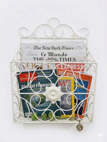 Image of Woodiva Wrought Iron Modern Elegance Magazine Newspaper & Book Wall Rack for Home & Office, 38x28x11cm. (WhiteG)