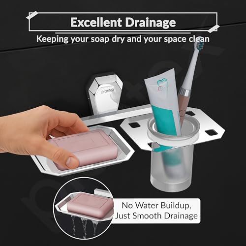 Image of Plantex 2in1 Soap Dish with Tumbler Holder for Bathroom /304 Grade Stainless Steel Soap Holder with Toothbrush Holder /Bathroom Accessories - Pack of 1 (PM-2409, Chrome)