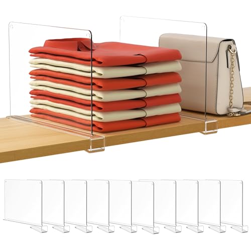 Image of HBlife 10 Pack Clear Shelf Dividers, Vertical Purse Organizer for Closet Perfect for Sweater, Shirts, Handbags in Bedroom and Kitchen, Adjustable Acrylic Bookshelf for Organization