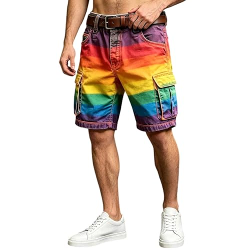 Mens Pride Month Cargo Shorts Relaxed Fit Rainbow Print Shorts Multi Pocket Summer Casual American Flag Short Pants