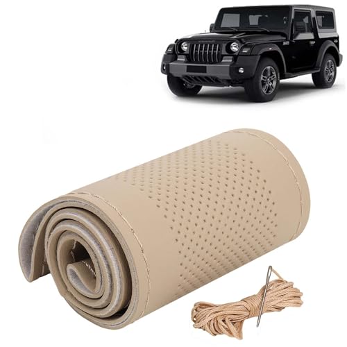 Image of KINGSWAY PU Leatherite Car Steering Cover Sewable Compatible with Mahindra Thar (Year 2020 Onwards), Beige Color with Beige Thread, Pack of 1 with Sewing Needle and Thread