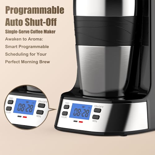 RAINBEAN Single Serve Coffee Maker, Programable Single-Serve Brewers, Timer Auto Start/Off, 14 Oz Single Cup Coffee Machine For Ground Coffee, 700W Quick Brewing, Perfect Gifts for Coffee Lovers