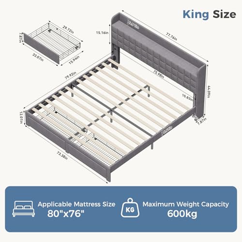 Image of King Size Storage Bed Frame, Square Tufted Headboard, Platform Bed with 2 Underbed Drawers at Foot, Wooden Slats Support, No Box Spring Needed, Dark Gray