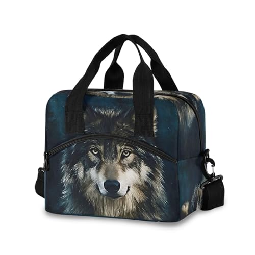 Wolf Lunch Box Wolves Galaxy Insulated Lunch Bag Animal Head Lunchbox Adult Women Cooler Bag Reusable Lunch Tote Bag Shoulder Bag for Work School Picnic