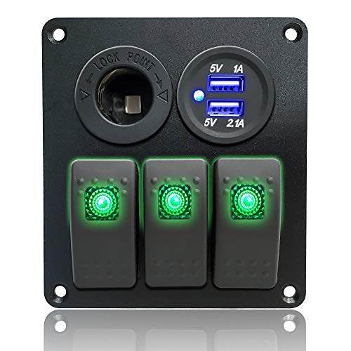 IZTOSS 3 Gang Rocker Switch Panel with Power Socket 3.1A Dual USB Wiring Kits and Decal Sticker Labels DC12V/24V for Marine Boat Car Rv Vehicles Truck Green led