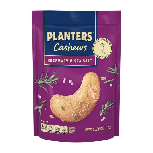 Image of PLANTERS Rosemary & Sea Salt Cashews, Plant Based Protein, 5 Oz (1 Ct) | Roasted Cashews. Flavored Cashews. Snacks for Adults. Resealable Bag. Plant Based Protein Snack. Party Mix