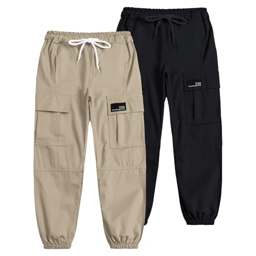 Image of Cromoncent Girls 2 Packs Cargo Pants Elastic Waist Lightweight Outdoor Jogger Pants Khaki+Black 13-14 Years