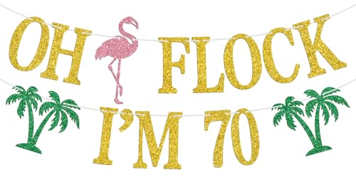 Image of Oh Flock I'm 70 Banner, Glitter Happy 70th Birthday Anniversary Party Decorations, Pineapple Party Decor, Hawaiian Luau Tropical Aloha 70 Theme Photo Props