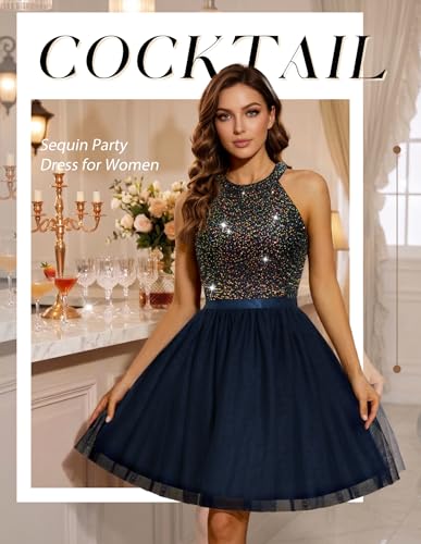 Image of Dressystar Women's Sequin Short Prom Dress Sparkly Halter Tulle Cocktail Party Homecoming Dresses