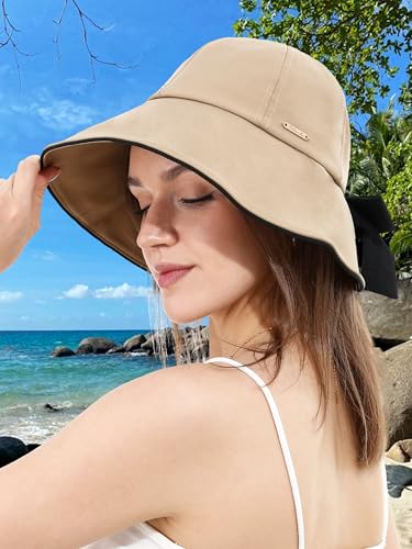 Sombrero de sol femenino estilo bucket con lazo caqui miniatura 3