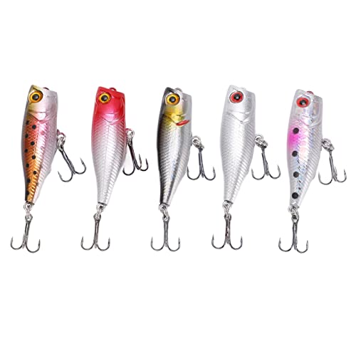 Topyond 5 Stück 4,5 cm/3,5 G Angelköder – Barsch-Hartköder – Topwater Poppers-Köder – Lebensechte 3D-Augen – Zum Angeln Im Freien