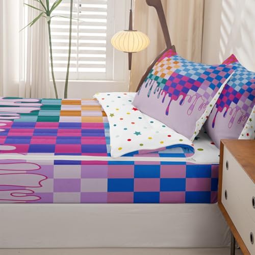 Image of Purple Blue Checkered Zipper Bedding Full - 4 Piece Zip Up Comforter Set with Fitted Sheet & Pillowcases,Durable Bed-in-a-Bag Set Bedding for Kids,Checkerboard Drip Cool Aesthetic Funky Geometric