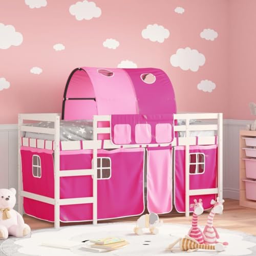Frdhee Cama doble juvenil, cama alta con túnel, color rosa, 90 x 190 cm, madera maciza de pino, gran espacio de almacenamiento, fácil de montar y estable