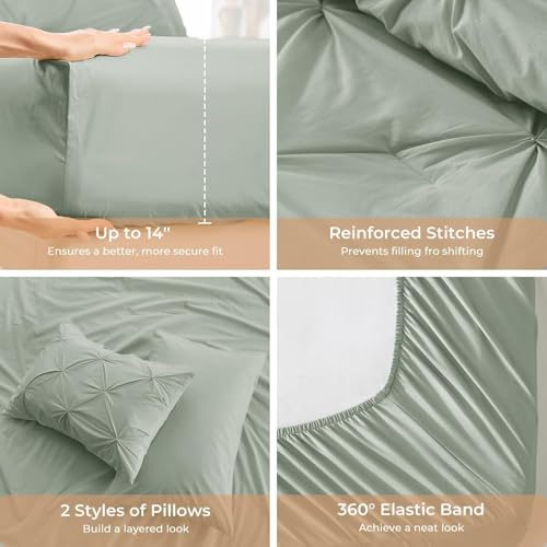 Image of Sasttie King Size Comforter Set, 7-Piece Bed in a Bag, Pintuck Bedding Sets for All Season, Includes Comforter, Flat Sheet, Fitted Sheet, Pillowcases and Pillowshams, Dusty Green