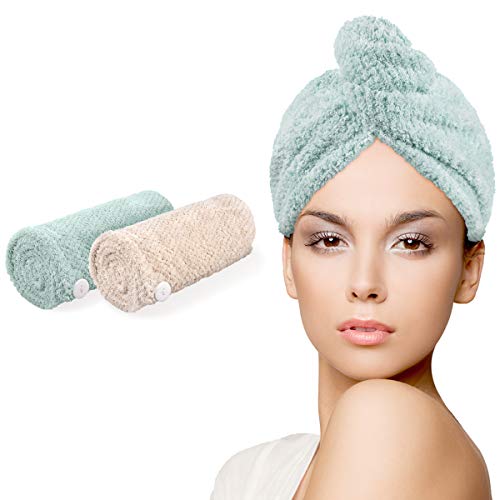 Ceephouge Microfiber Hair Towel Wrap 2 Pack, Magic Instant Dry Hair Towel, Hair Drying Twist Turbans for Women Girls, Anti Frizz Fast Absorbing Hair Dry Towel Turban (Green+Beige)