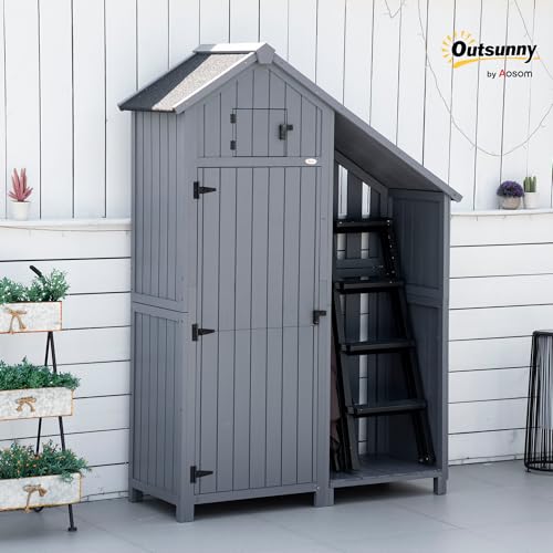 Outsunny Gartenschrank Holz Geräteschrank Gartenhaus mit Giebeldach Holzhütte Geräteschuppen 129 x 51,5 x 180 cm Grau+Schwarz