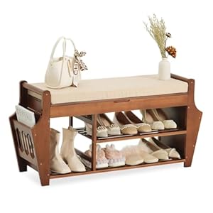 Bamboo Shoe Bench Rack with Storage 2 Tier Entryway Shoe Bench Shoe Rack Organizer with Cushion Hidden Drawer and Side Holder Holds up to 330lbs for Entryway Hallway Living Room