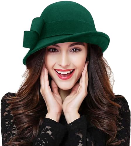 ORIDOOR Women Vintage 100% Wool Felt Flowers Bucket Cloche Bowler Hat Church Wedding Dress Fascinator Hat 014-Dark Green Bow