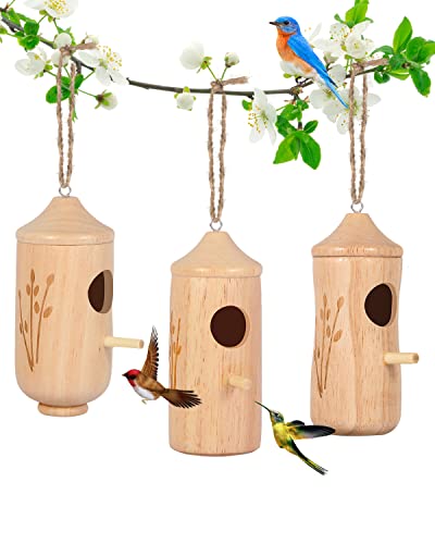 Gioyonil Hummingbird House, 3 Pack Natural Small Wooden Hanging Humming Bird Houses For Outside Nesting, Home Outdoor Garden Gift Window Bird Nest With Hemp Ropes #TOP4