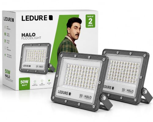 Image of LEDURE Halo 50W LED Flood Light | Pack of 2 | Warm White | IP65 Waterproof | Wide Voltage 150-300V | 4kV Surge Protection | BIS Approved | Outdoor Flood Light for Garden, Gate & Pathway