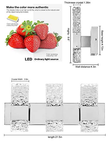OYLYW Modern LED Bathroom Vanity Light Fixtures Chrome Stainless Steel 3 Light Wall Sconces for Bathroom Lighting Fuxture Over Mirror 21.5Inch 30w LED Crystal Wall Light Cool White 5800k