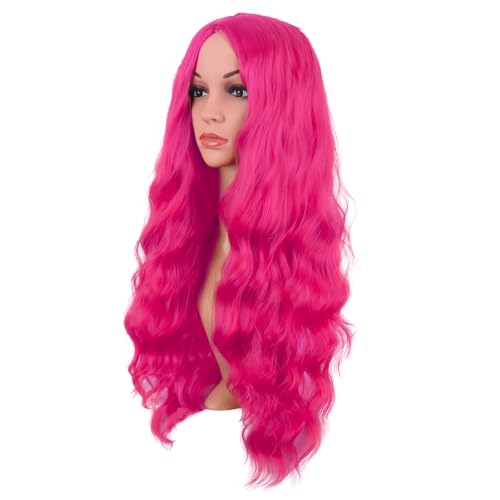 Image of MapofBeauty 28 Inch /70 cm Long Wavy Middle Part with No Bangs Synthetic Fiber Curly Fashion Women Party Cosplay Wig (Hot Pink)