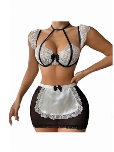 Women's Maid Lingerie Set, Pink, Lace Bralette with Mini Skirt and Apron, Bow Detail, Roleplay Costume (Black, L)-image-20