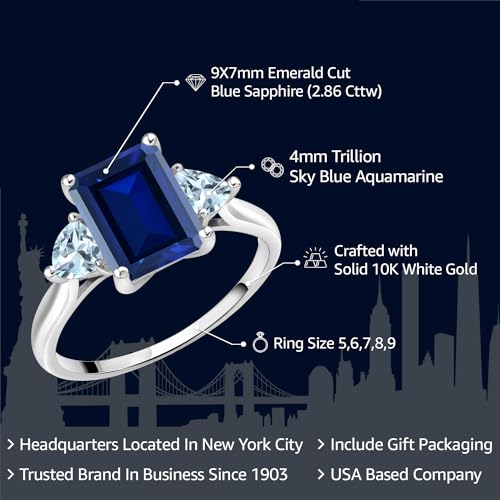 Gem Stone King 10K White Gold Blue Sapphire and Sky Blue Aquamarine Engagement Ring | 2.86 Cttw | Emerald Cut 9X7MM | Trillion 4MM | 3 Stone Gold Ring for Women2