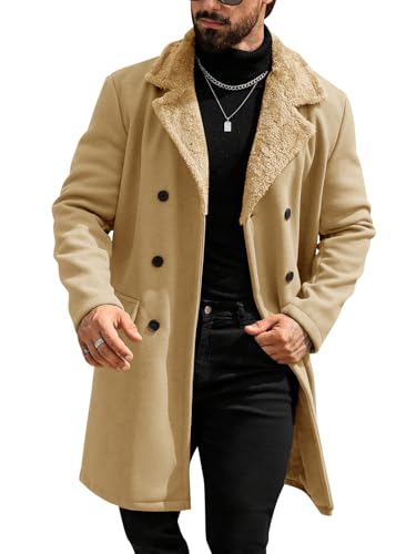 Image of Runcati Mens Trench Coat Double Breasted Notched Collar Fleece Jacket Slim Fit Fall Winter Fuzzy Pea Coats Warm Overcoat