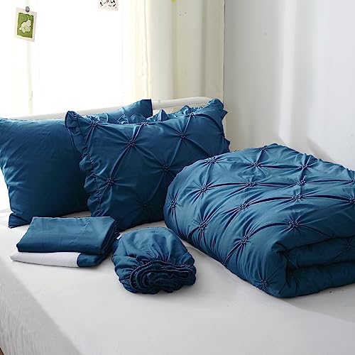 JOLLYVOGUE Teal Twin Size Comforter Sets 5 Pieces, Pintuck Bed in a Bag Comforter Set for Bedroom, Bedding Comforter Sets with Comforter, Sheets,Ruffled Shams & Pillowcases