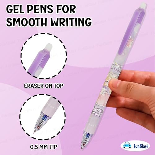 Image of FunBlast Erasable Gel Pens - Princess Pink Dream 12 Pcs of Gel Pen with Magic Eraser, Kawaii Gel Pens, Lightweight Gel Pen with Comfortable Grip, Stationery for School & Office - Blue Ink