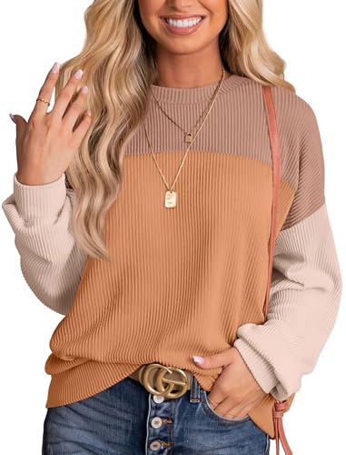 WIHOLL Womens Fall Fashion 2025 Long Sleeve Shirts Color Block Knitted Ribbed Tunic Tops Casual Loose Fit Trendy