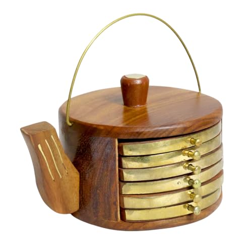 Image of Saras Aajeevika 6 Pc Set of Handmade Wooden Round Curved Coaster /Coster with Brass Kettle Shape Holder for Kitchen Decor Hot Pots, Tea Cups, Coffee Mugs, Glasses Coaster Sets (Design 1)