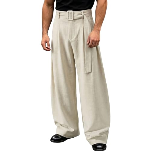 Pantalon De Robe Homme élégant Pantalons Habillé Homme Large en Tissu Texturé avec Ceinture Réglable à Boucle Chino Coton Lin Taille Haute Coupe Ample pour Formel Travail Business Mariage