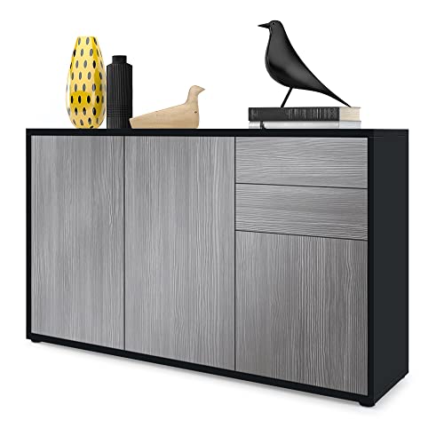 Vladon Buffet Ben V3, Commode avec 3 Portes et 2 tiroirs, Noir Mat/Avola-Anthracite (117 x 74 x 36 cm)
